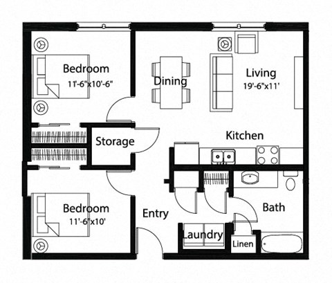 Floor plan for 2 beds, 1 bath